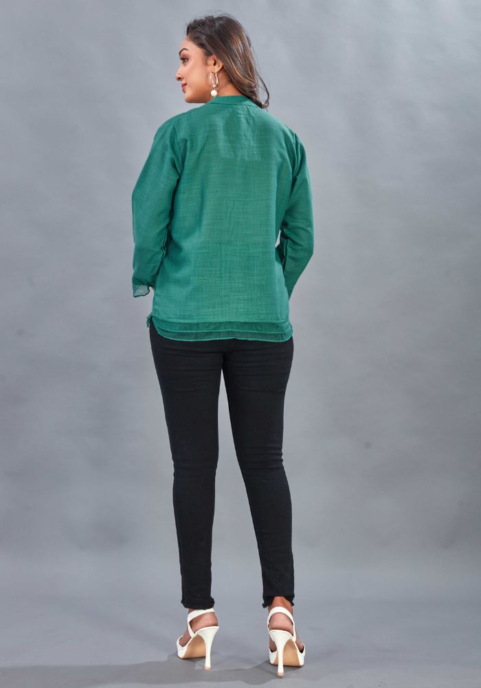 Embroidered Green Colour Cotton Mandarin Collar Shirt – 3/4 Sleeves