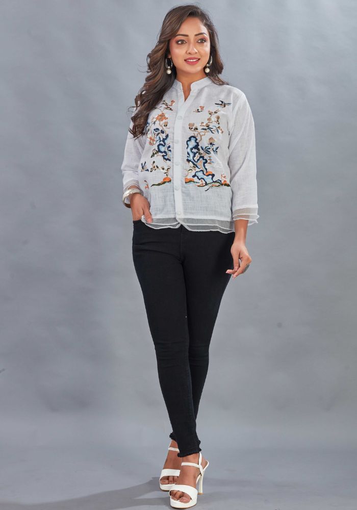 Embroidered White Colour Cotton Mandarin Collar Shirt – 3/4 Sleeves