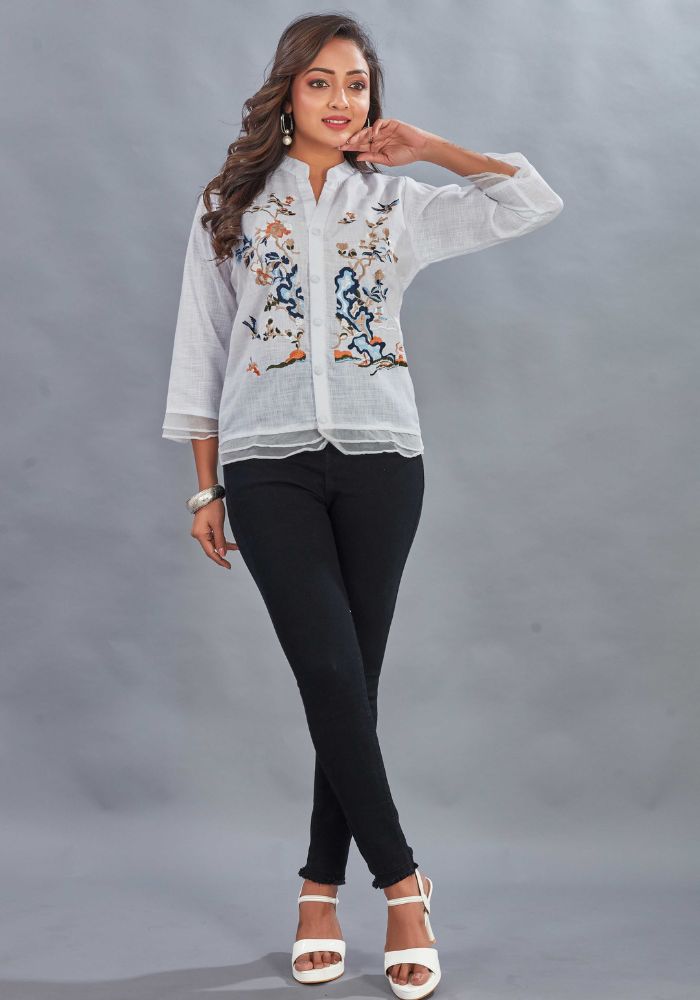 Embroidered White Colour Cotton Mandarin Collar Shirt – 3/4 Sleeves