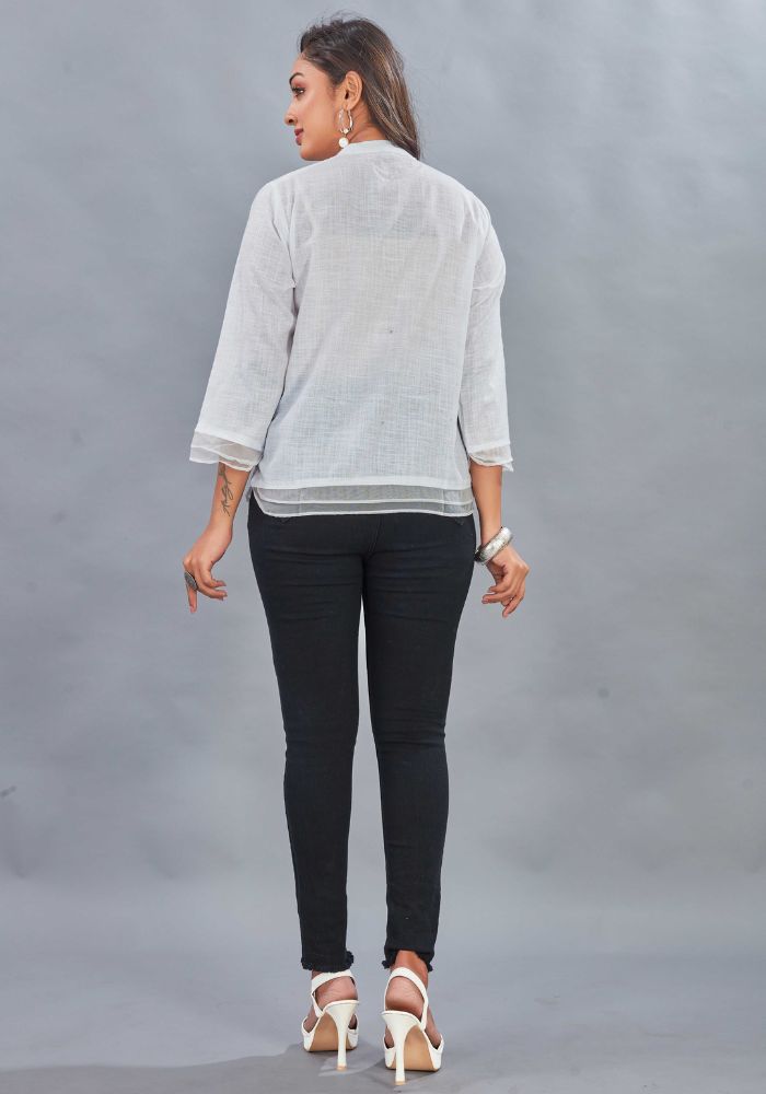 Embroidered White Colour Cotton Mandarin Collar Shirt – 3/4 Sleeves