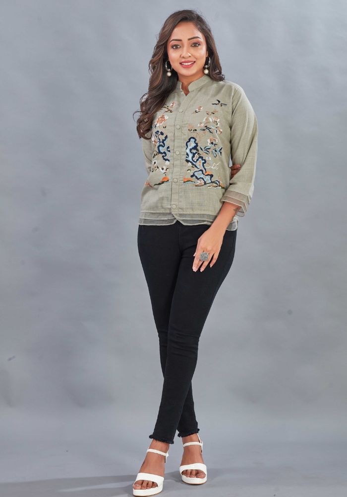 Embroidered Grey Colour Cotton Mandarin Collar Shirt – 3/4 Sleeves