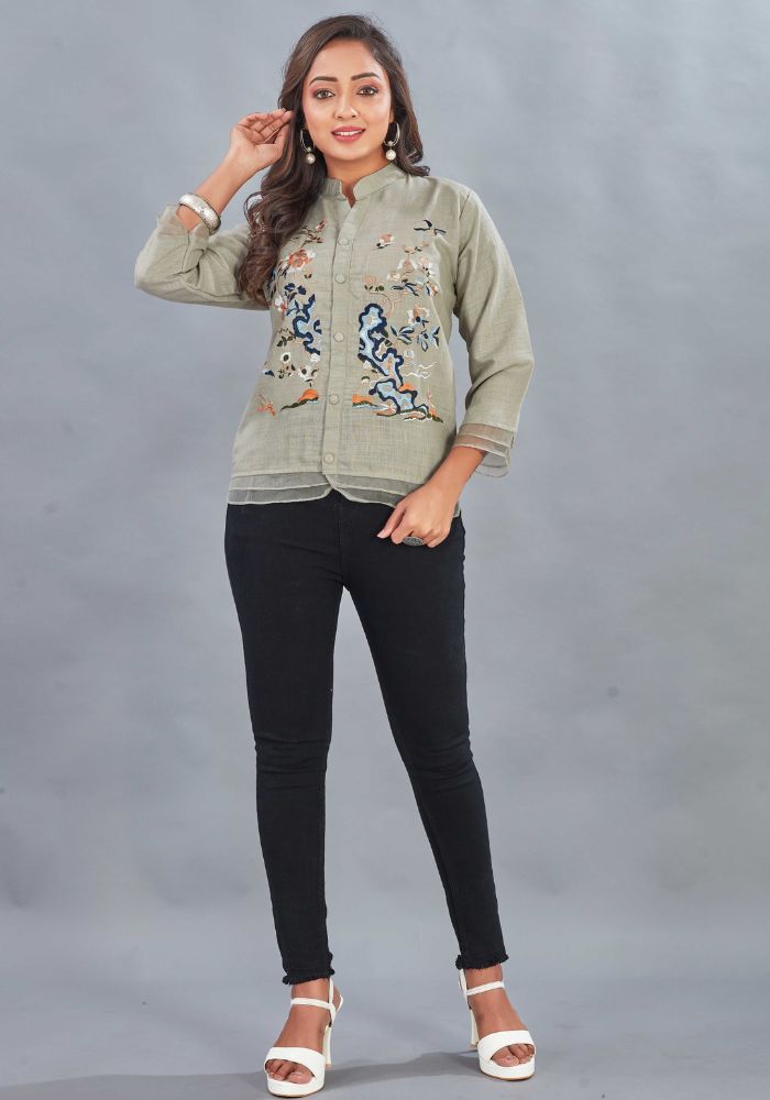 Embroidered Grey Colour Cotton Mandarin Collar Shirt – 3/4 Sleeves