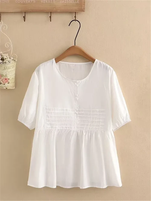 Women Cotton Short Sleeve Top Non-Stretch Thin Tunic Jumper With Buttons Front