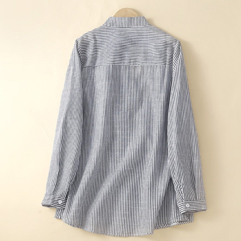 Women Spring Stripe Cotton Shirt Long Sleeve Stand Collar Femme Casual Elegant Chemise Work OL Tops