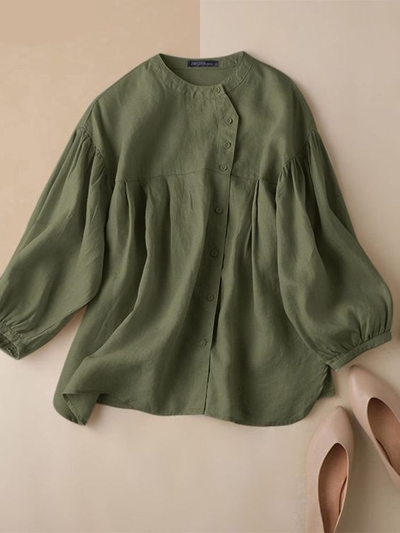Button Down Shirts for Women Trendy Cotton 3/4 Sleeve Babydoll Tops Cute Tunics