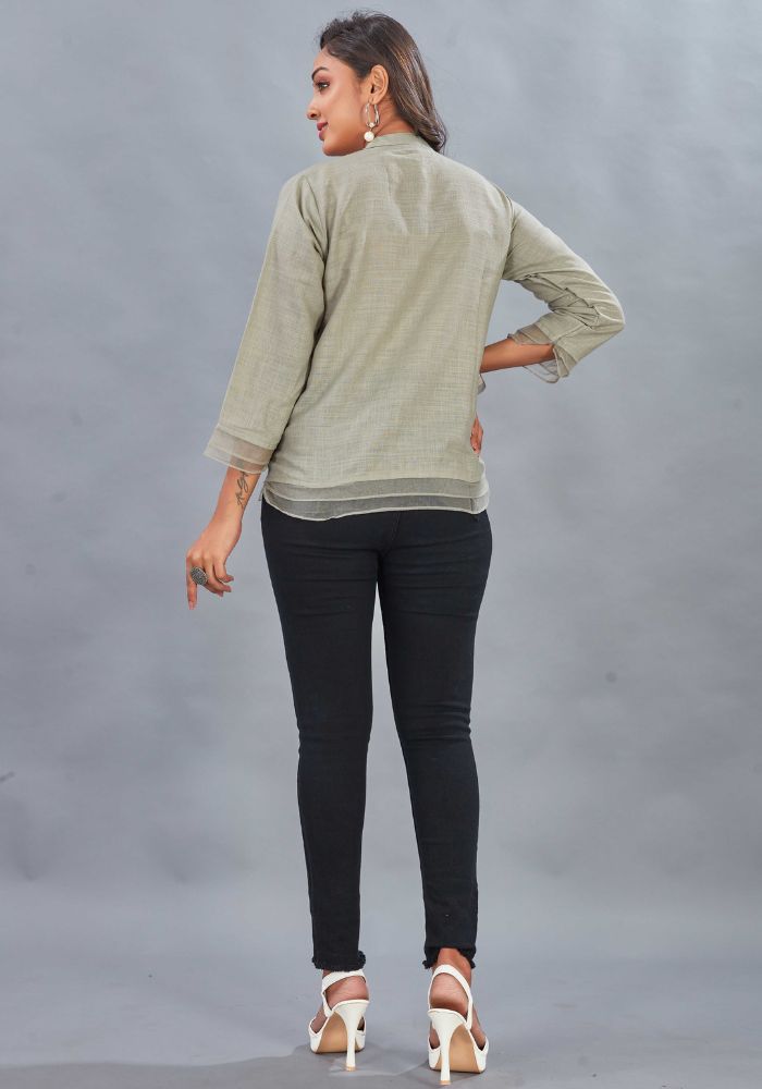 Embroidered Grey Colour Cotton Mandarin Collar Shirt – 3/4 Sleeves