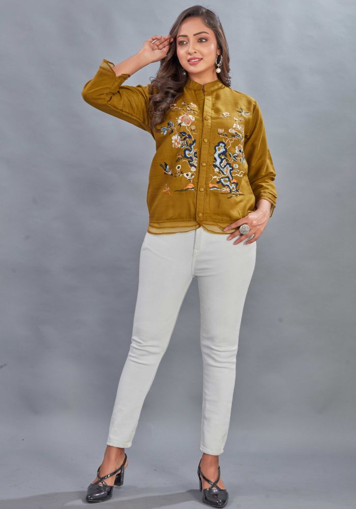 Embroidered Mustard Colour Cotton Mandarin Collar Shirt – 3/4 Sleeves