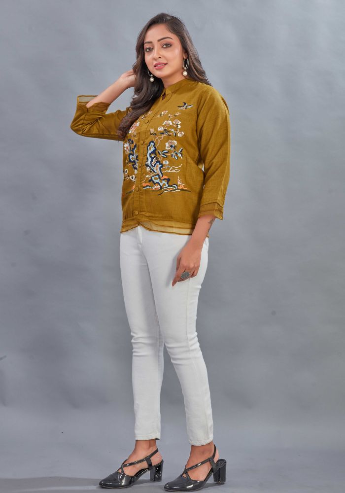 Embroidered Mustard Colour Cotton Mandarin Collar Shirt – 3/4 Sleeves