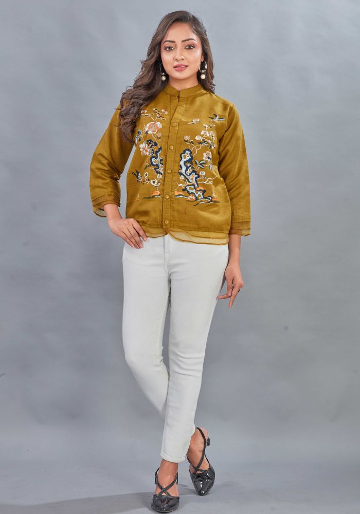 Embroidered Mustard Colour Cotton Mandarin Collar Shirt – 3/4 Sleeves