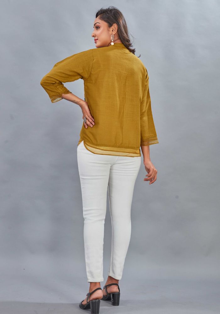 Embroidered Mustard Colour Cotton Mandarin Collar Shirt – 3/4 Sleeves