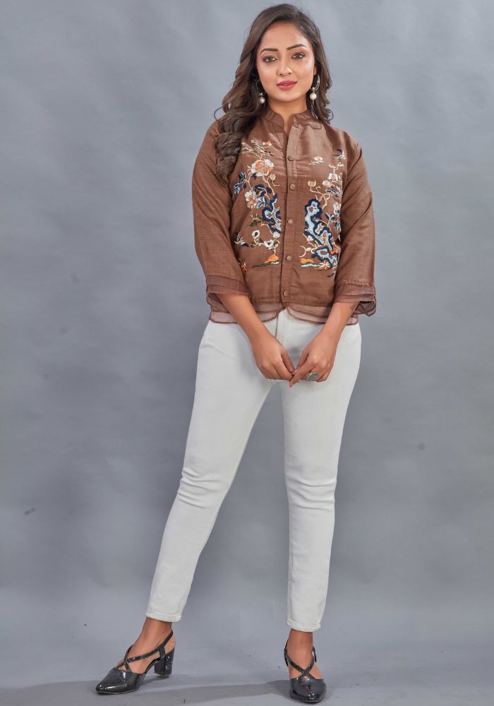 Embroidered Brown Colour Cotton Mandarin Collar Shirt – 3/4 Sleeves