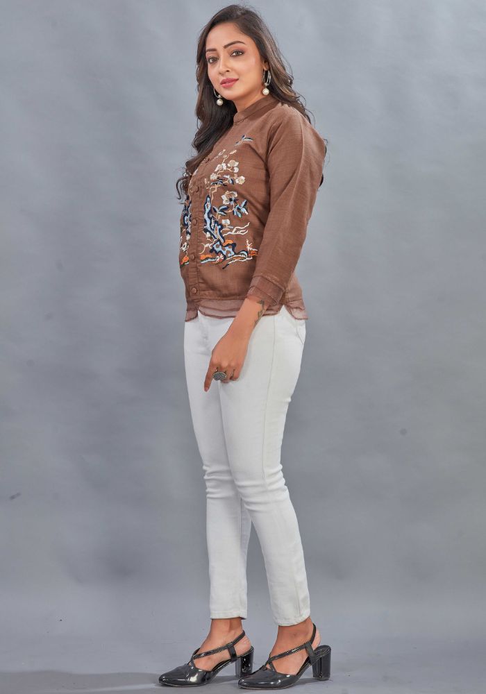 Embroidered Brown Colour Cotton Mandarin Collar Shirt – 3/4 Sleeves