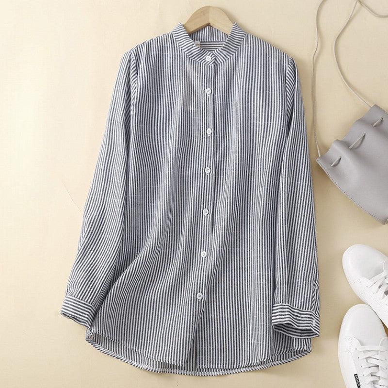 Women Spring Stripe Cotton Shirt Long Sleeve Stand Collar Femme Casual Elegant Chemise Work OL Tops