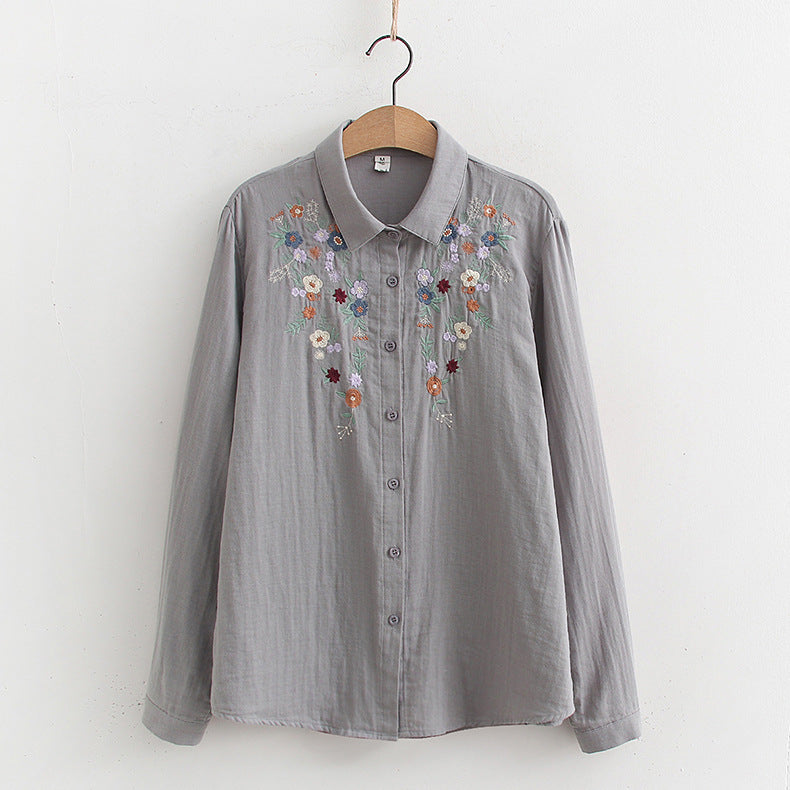 Women's Classy Floral Embroidery Shirt - Soft Cotton Long Sleeve Shirts