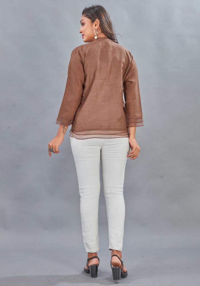 Embroidered Brown Colour Cotton Mandarin Collar Shirt – 3/4 Sleeves