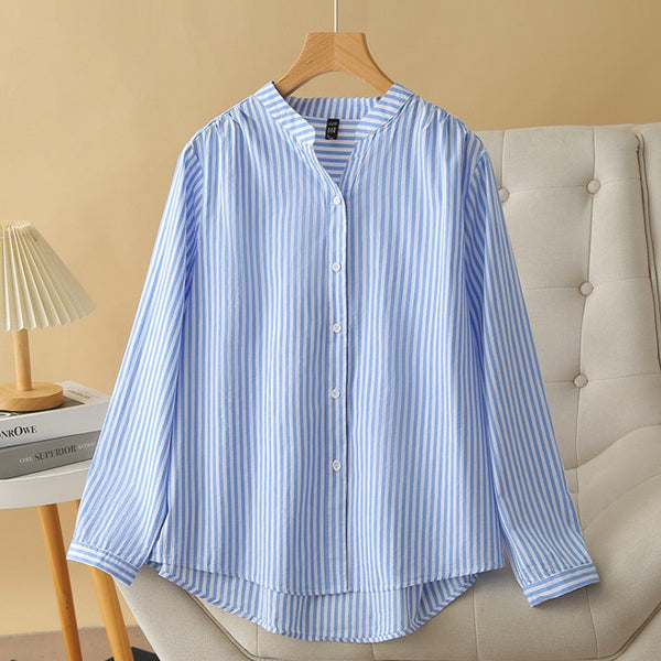 Women Spring Stripe Cotton Shirt Long Sleeve Stand Collar Femme Casual Elegant Chemise Work OL Tops