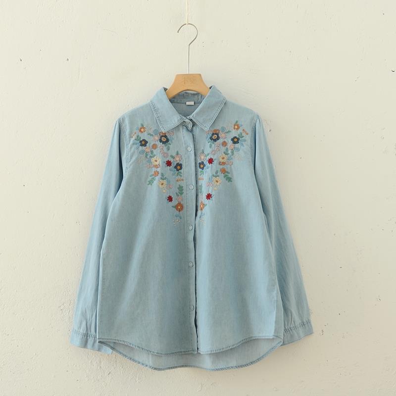 Women's Classy Floral Embroidery Shirt - Soft Cotton Long Sleeve Shirts