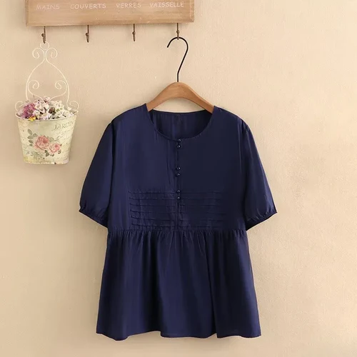 Women Cotton Short Sleeve Top Non-Stretch Thin Tunic Jumper With Buttons Front