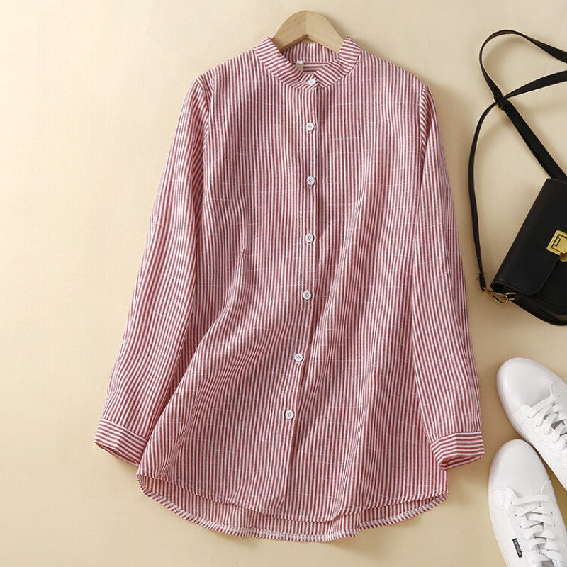 Women Spring Stripe Cotton Shirt Long Sleeve Stand Collar Femme Casual Elegant Chemise Work OL Tops