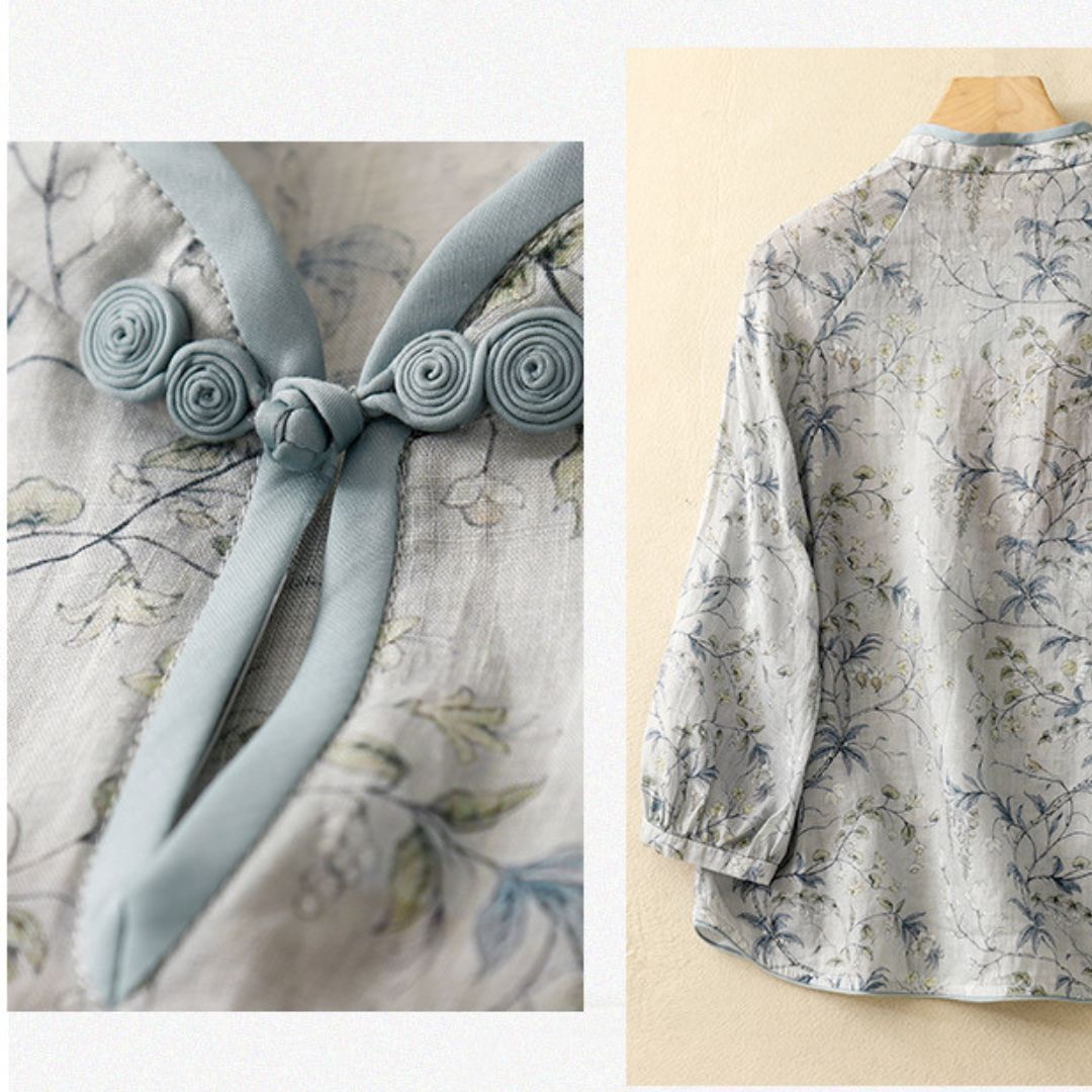 Elegant Mist Grey Floral Printed Summer Top for Women – Mandarin Collar