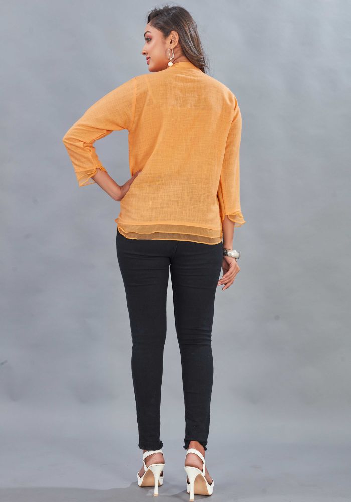 Embroidered Orange Colour Cotton Mandarin Collar Shirt – 3/4 Sleeves