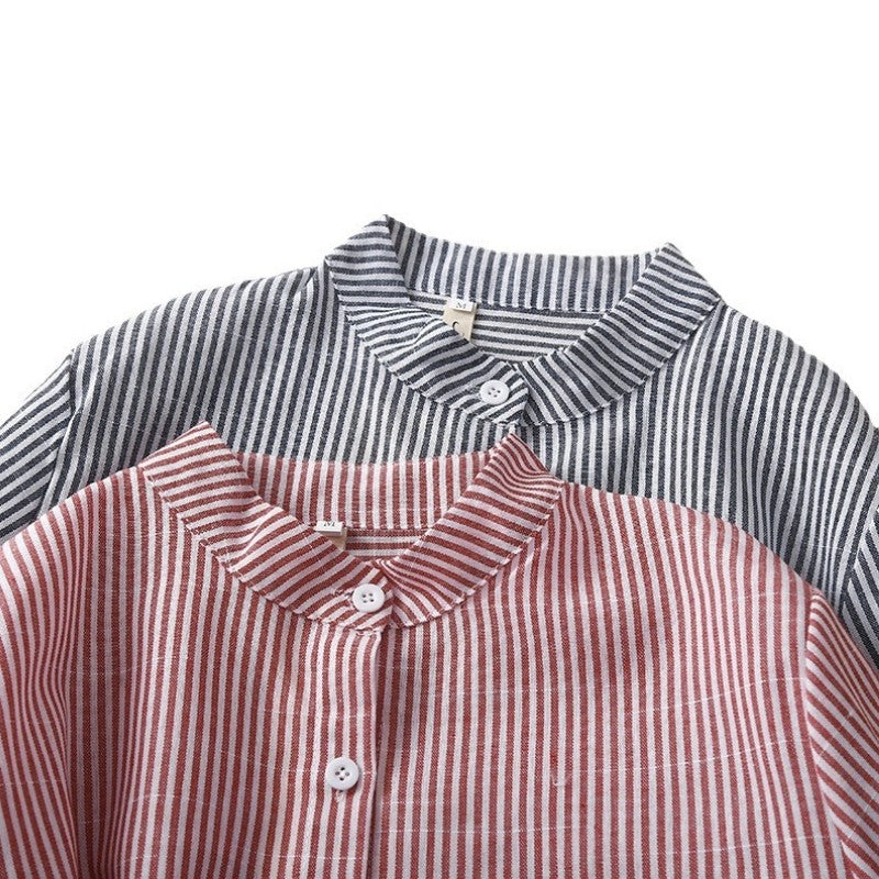 Women Spring Stripe Cotton Shirt Long Sleeve Stand Collar Femme Casual Elegant Chemise Work OL Tops