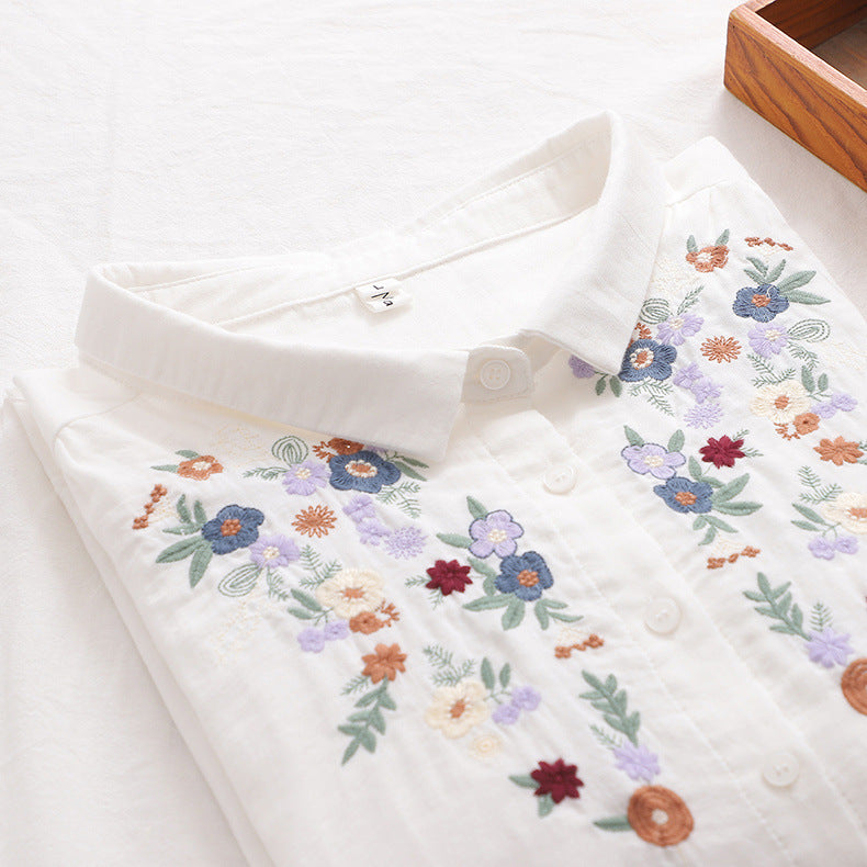Women's Classy Floral Embroidery Shirt - Soft Cotton Long Sleeve Shirts