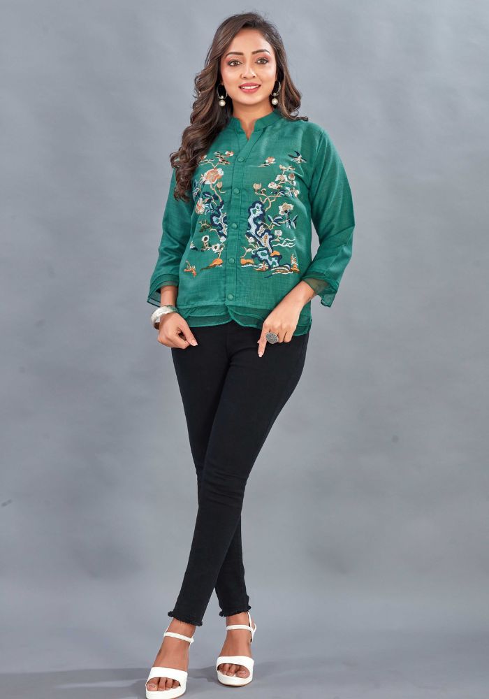 Embroidered Green Colour Cotton Mandarin Collar Shirt – 3/4 Sleeves