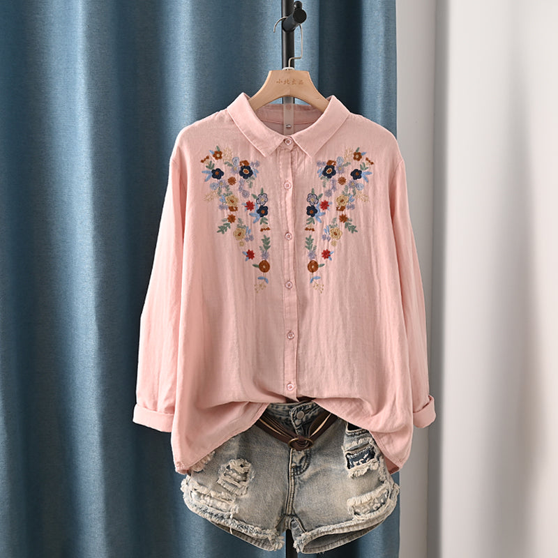 Women's Classy Floral Embroidery Shirt - Soft Cotton Long Sleeve Shirts