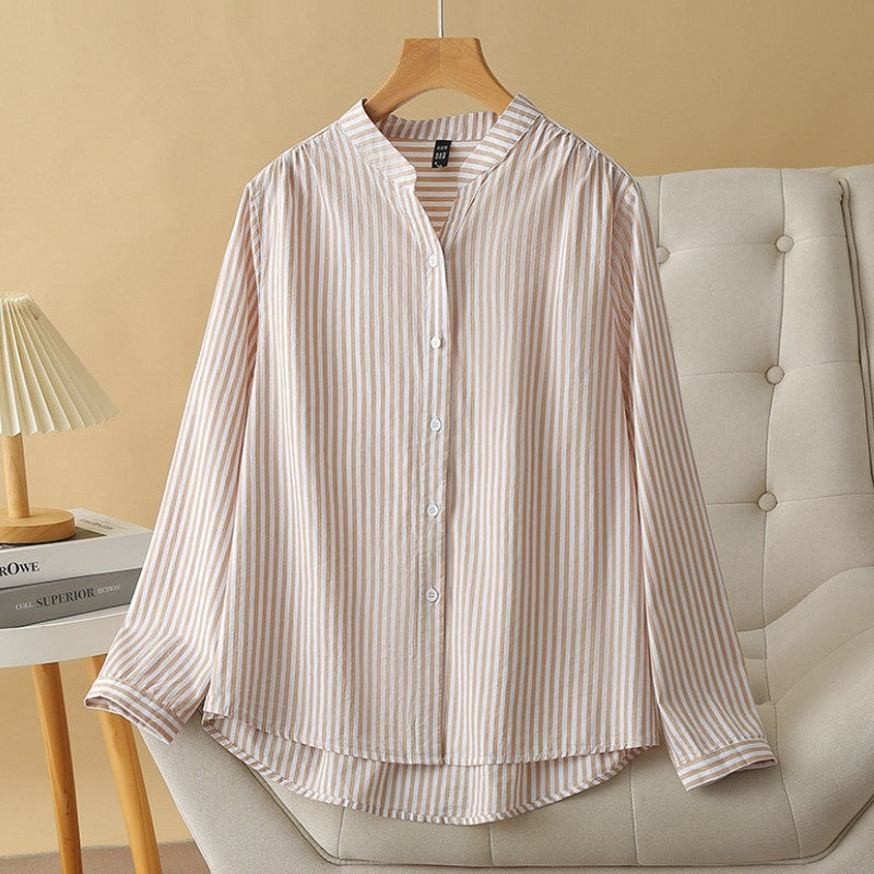 Women Spring Stripe Cotton Shirt Long Sleeve Stand Collar Femme Casual Elegant Chemise Work OL Tops