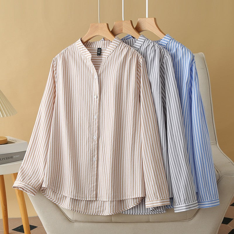 Women Spring Stripe Cotton Shirt Long Sleeve Stand Collar Femme Casual Elegant Chemise Work OL Tops