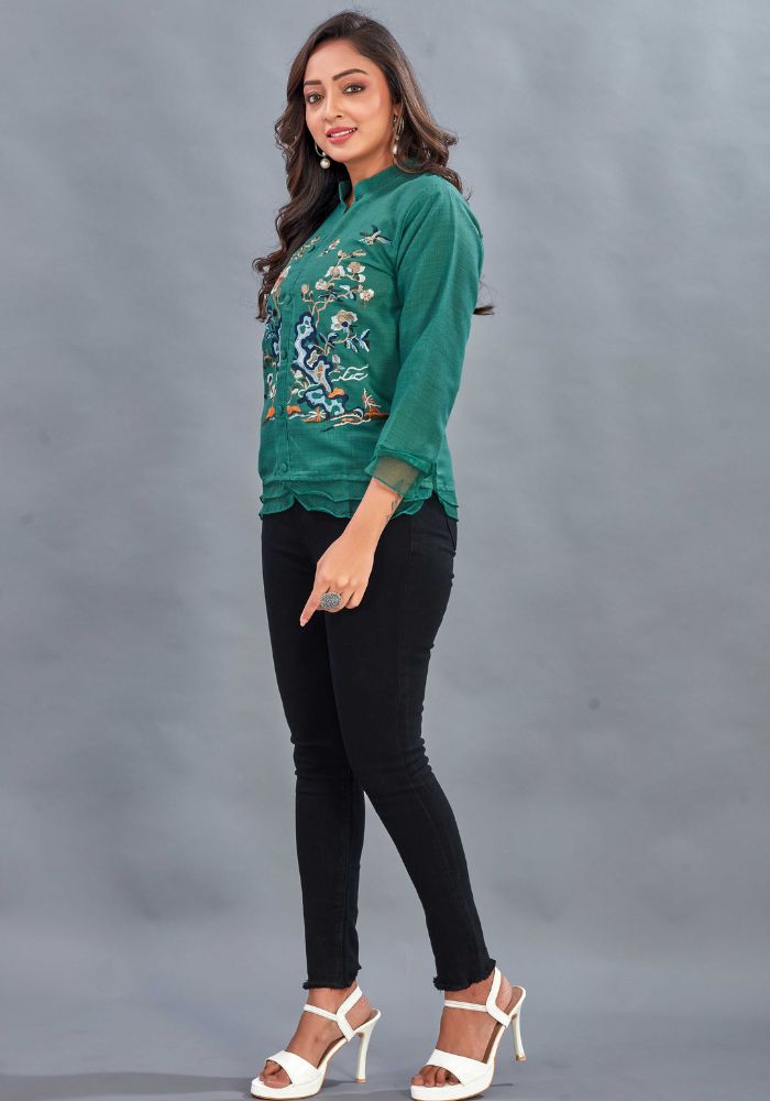 Embroidered Green Colour Cotton Mandarin Collar Shirt – 3/4 Sleeves