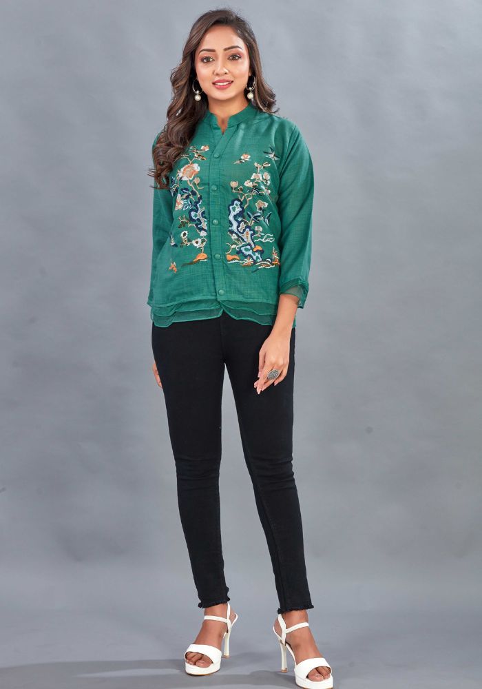 Embroidered Green Colour Cotton Mandarin Collar Shirt – 3/4 Sleeves