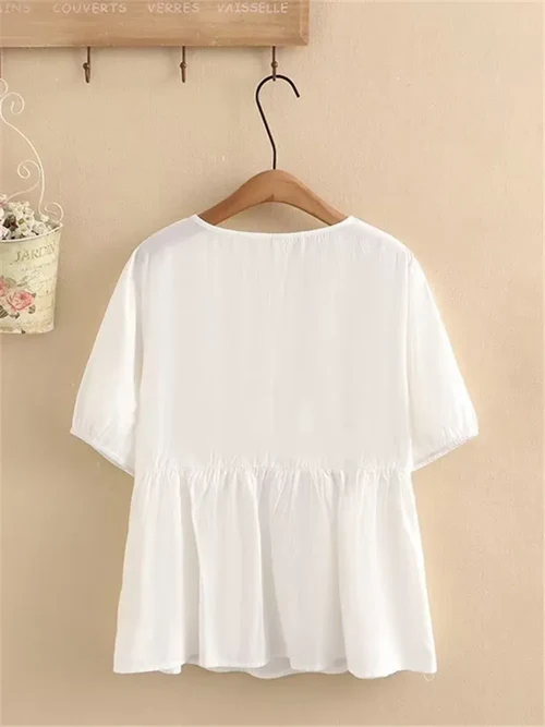 Women Cotton Short Sleeve Top Non-Stretch Thin Tunic Jumper With Buttons Front