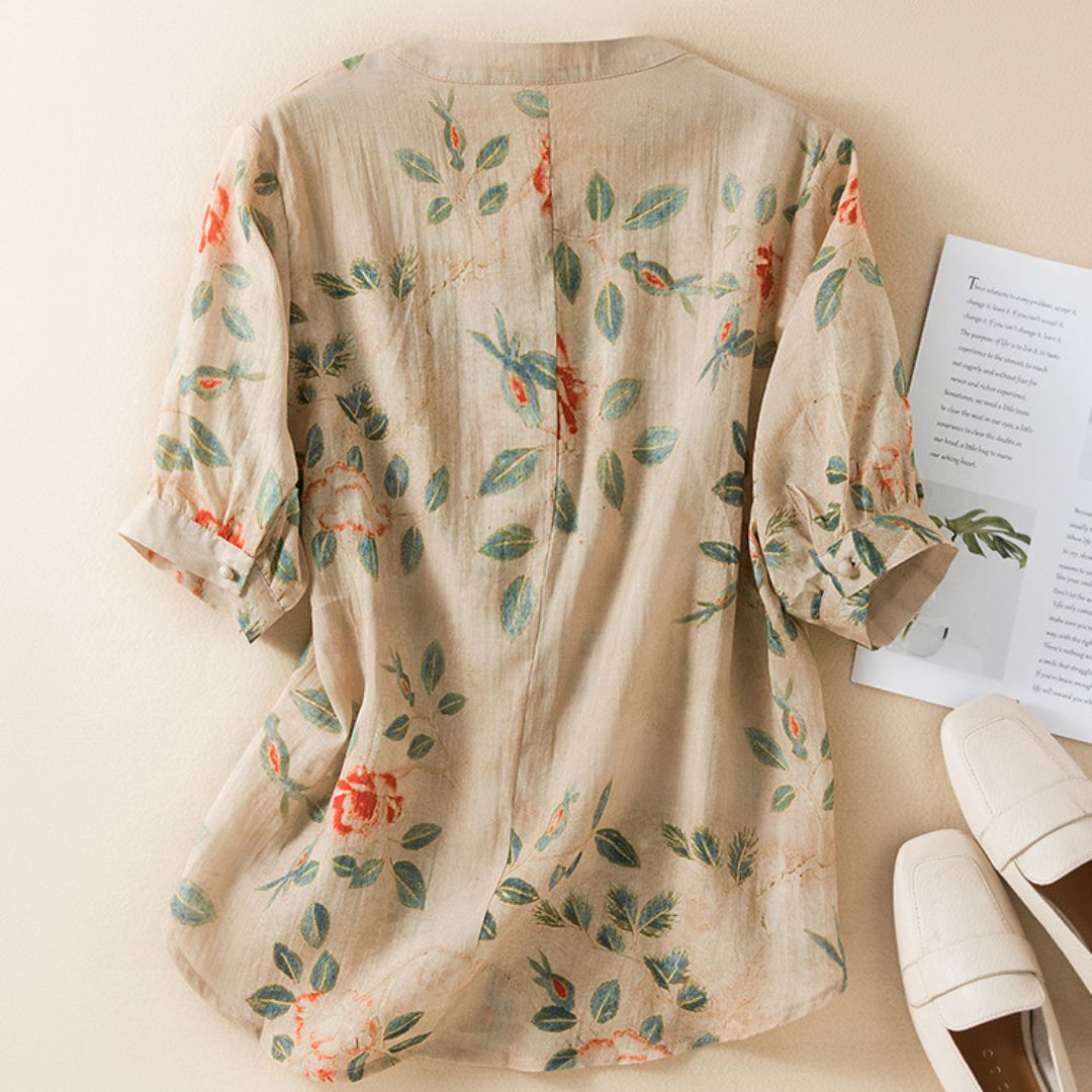Beige Floral Printed Linen Button-Down Summer Top for Women