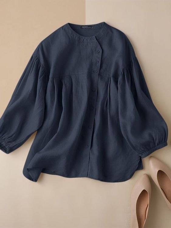 Button Down Shirts for Women Trendy Cotton 3/4 Sleeve Babydoll Tops Cute Tunics