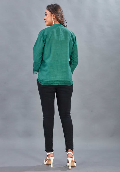Embroidered Green Colour Cotton Mandarin Collar Shirt – 3/4 Sleeves