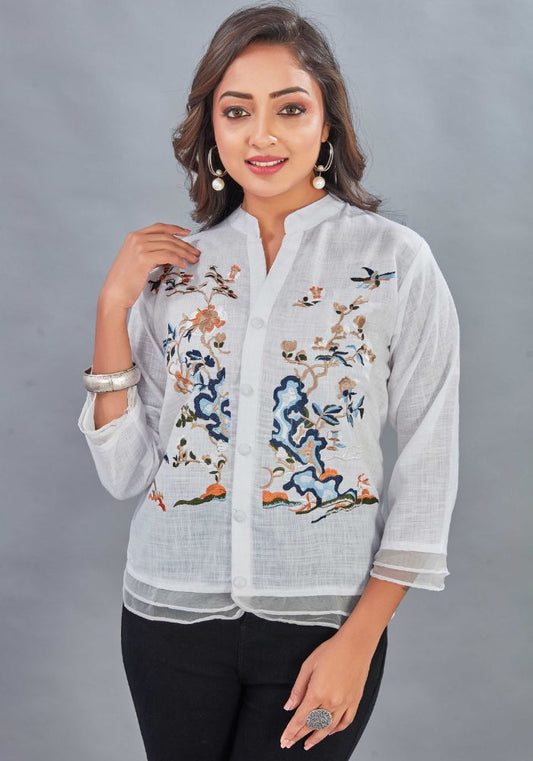 Embroidered White Colour Cotton Mandarin Collar Shirt – 3/4 Sleeves