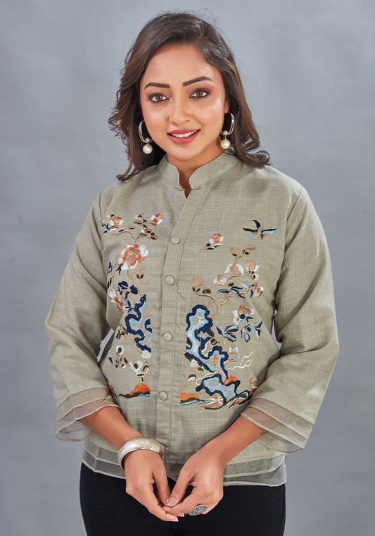 Embroidered Grey Colour Cotton Mandarin Collar Shirt – 3/4 Sleeves