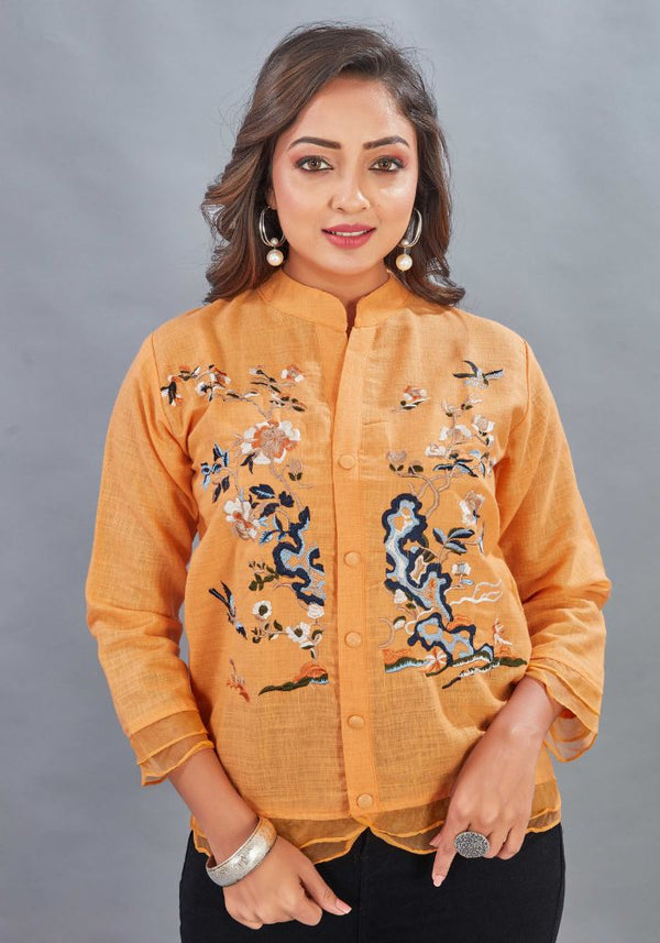 Embroidered Orange Colour Cotton Mandarin Collar Shirt – 3/4 Sleeves