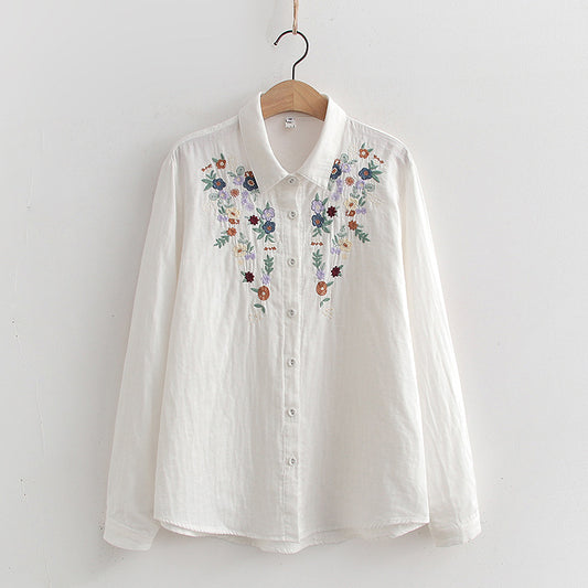Women's Classy Floral Embroidery Shirt - Soft Cotton Long Sleeve Shirts