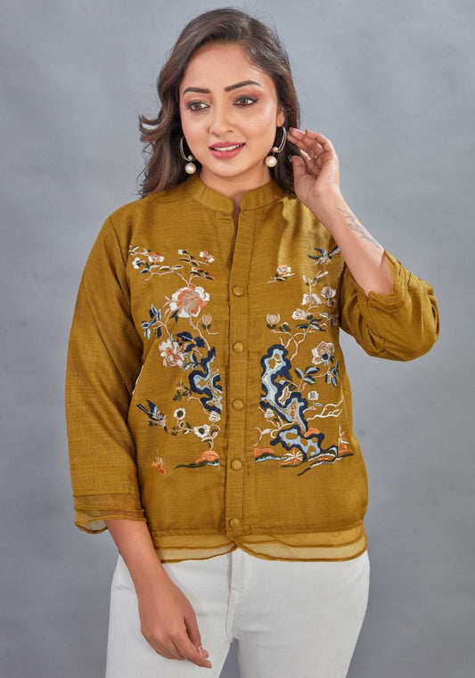 Embroidered Mustard Colour Cotton Mandarin Collar Shirt – 3/4 Sleeves