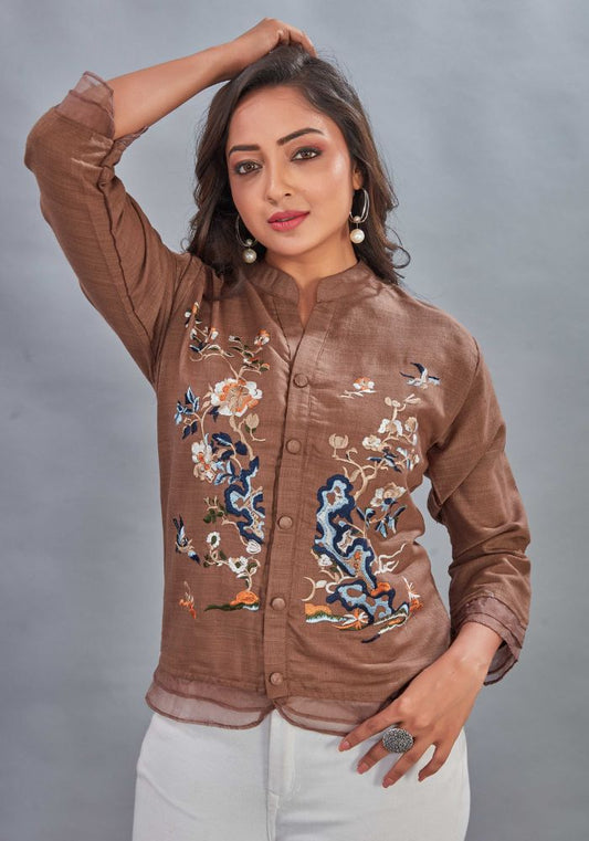 Embroidered Brown Colour Cotton Mandarin Collar Shirt – 3/4 Sleeves