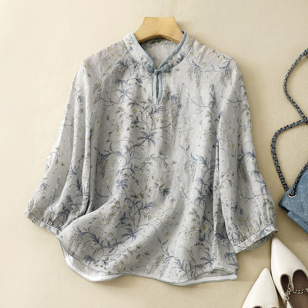 Elegant Mist Grey Floral Printed Summer Top for Women – Mandarin Collar