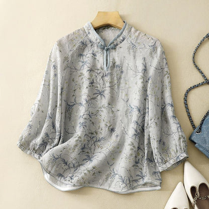 Elegant Mist Grey Floral Printed Summer Top for Women – Mandarin Collar