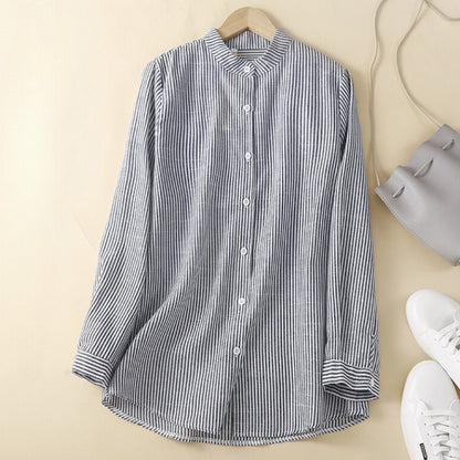 Women Spring Stripe Cotton Shirt Long Sleeve Stand Collar Femme Casual Elegant Chemise Work OL Tops