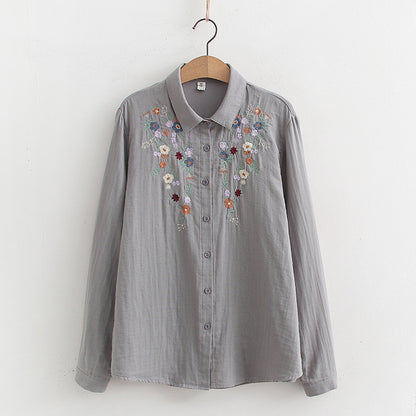Women's Classy Floral Embroidery Shirt - Soft Cotton Long Sleeve Shirts