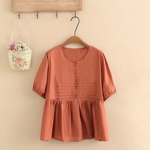Women Cotton Short Sleeve Top Non-Stretch Thin Tunic Jumper With Buttons Front