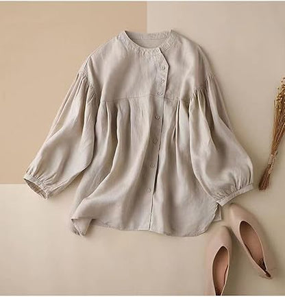 Button Down Shirts for Women Trendy Cotton 3/4 Sleeve Babydoll Tops Cute Tunics