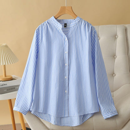 Women Spring Stripe Cotton Shirt Long Sleeve Stand Collar Femme Casual Elegant Chemise Work OL Tops